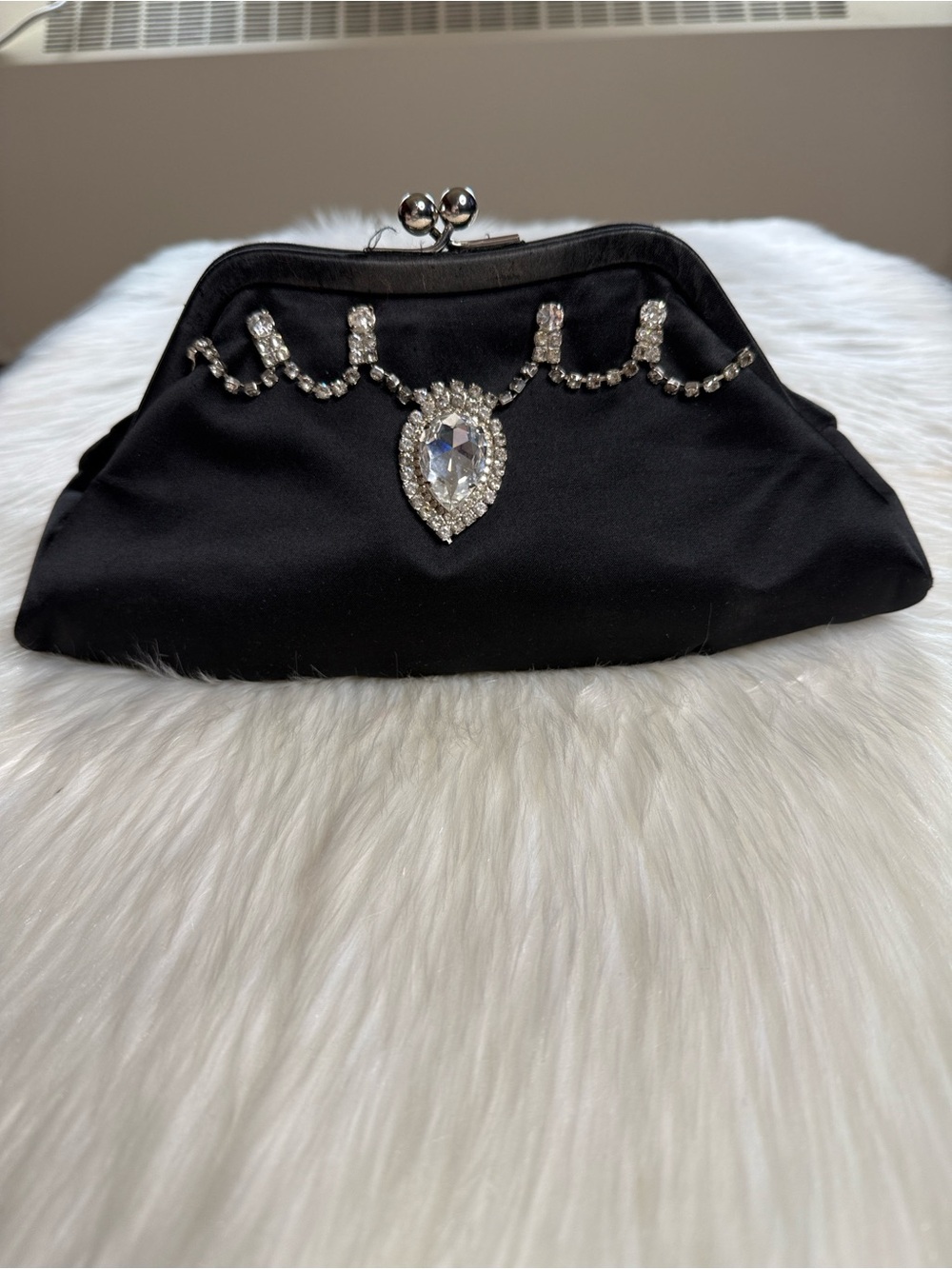 Hollywould Black Satin Tear Drop Crystle Rhinestone Clutch